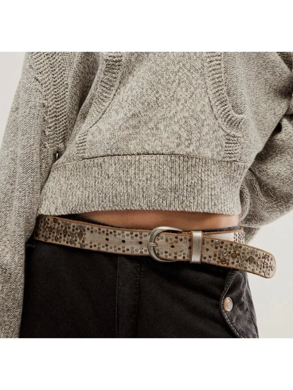 Free People Stardust Silver Studded Leather Belt M/L Metallic Western Boho NWT